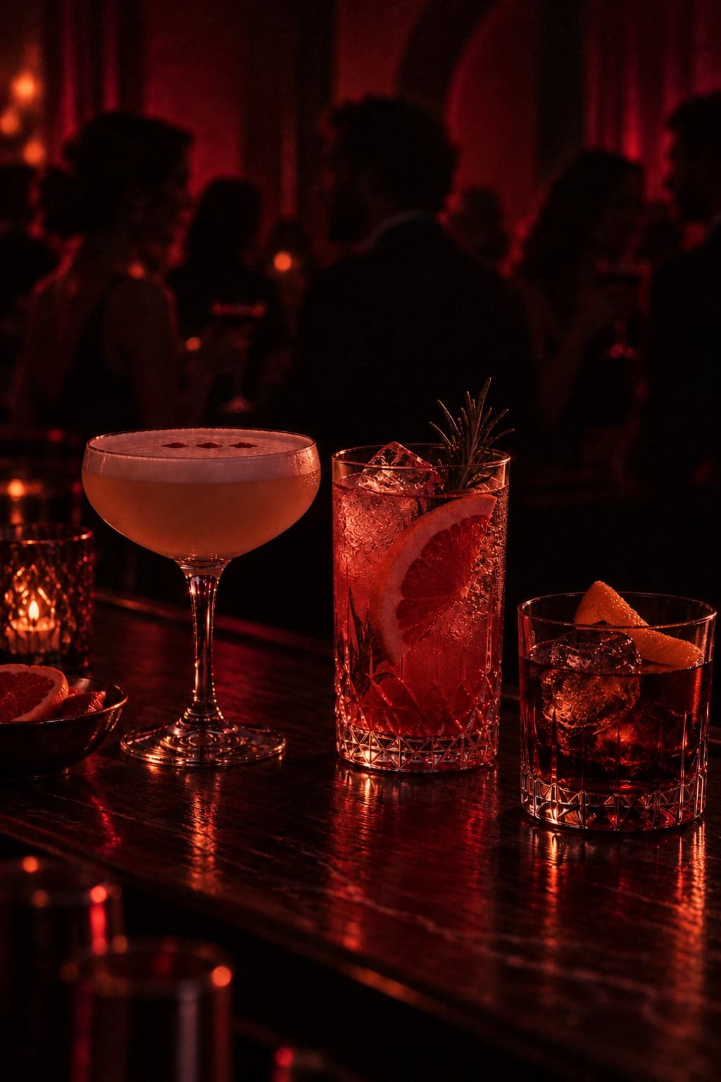 Cócteles en primer plano en una barra speakeasy iluminada en rojo, con personas conversando al fondo