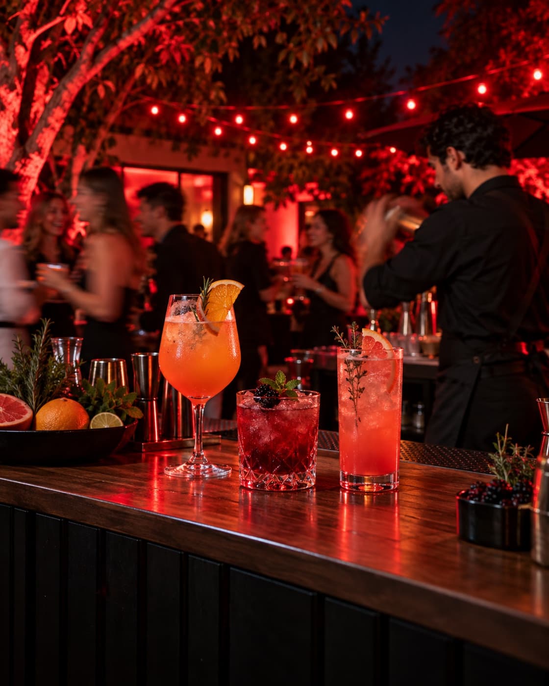 Mocktails sobre una barra móvil negra en un cumpleaños de patio con luces rojas