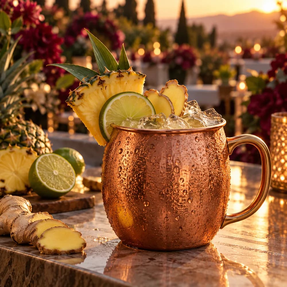 Mocktail Ginger Tropical servido en Jarra de cobre 400 ml.
